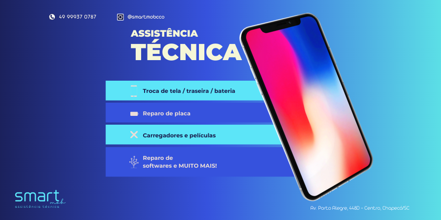 Assistência técnica. Troca de tela, traseira, bateria, reparo de placa, carregadores e películas, reparos de softwares e muito mais!